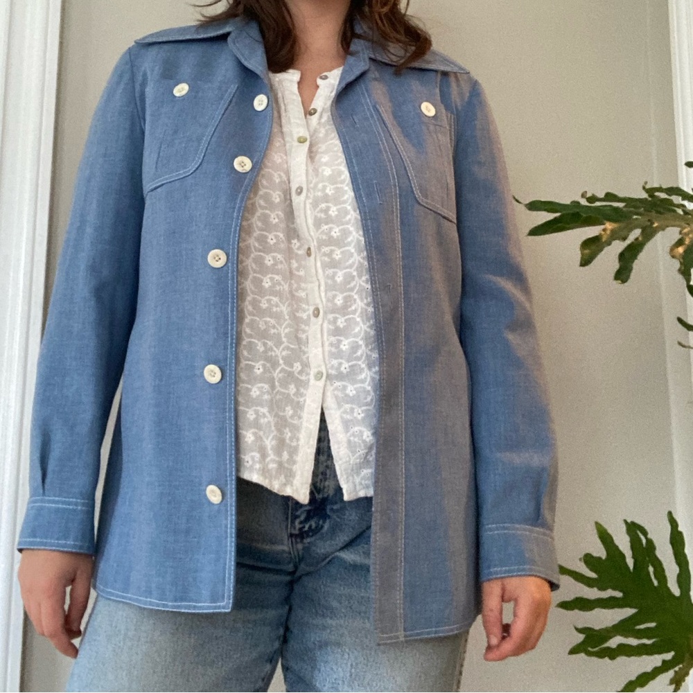 Vintage 70s denim chore coat with contrast stitching and oversized lapel